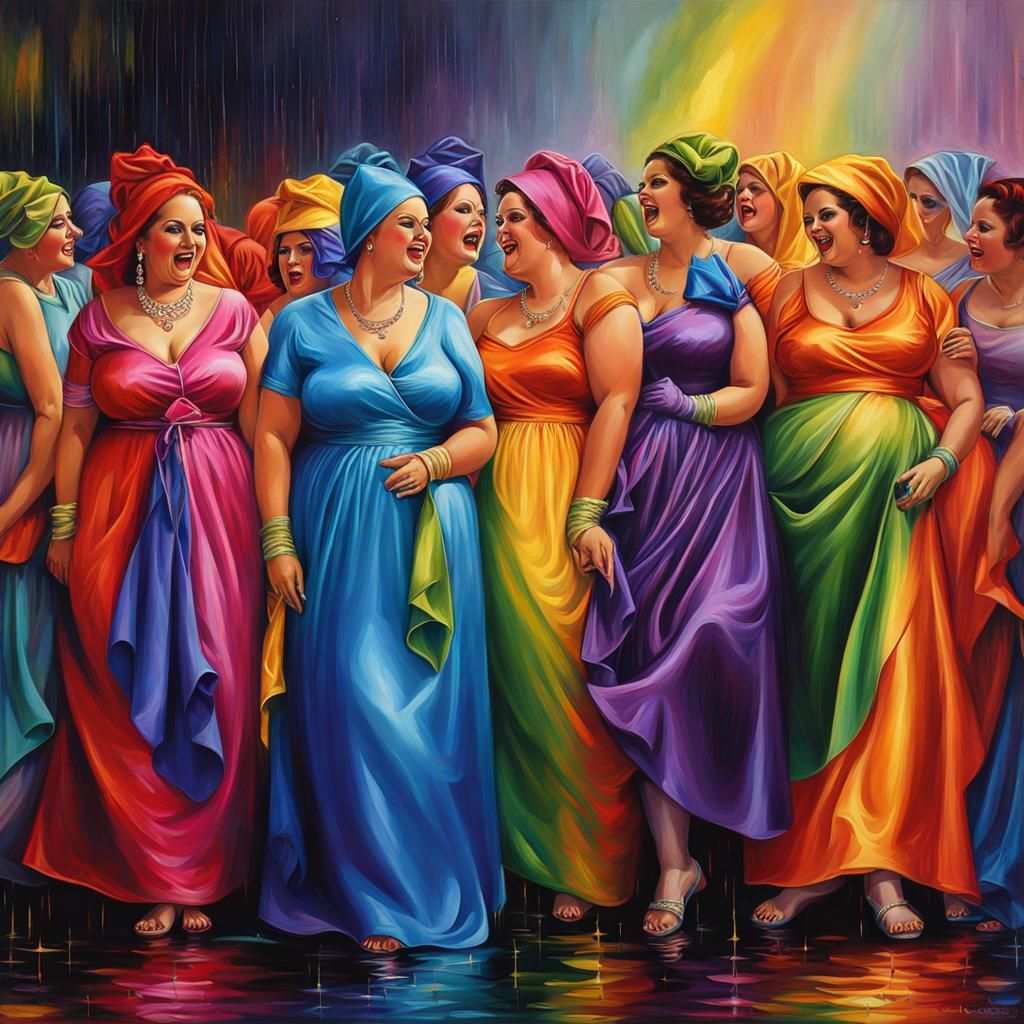 Rainbow Satin Women in Rain: Abstract Oil Painting