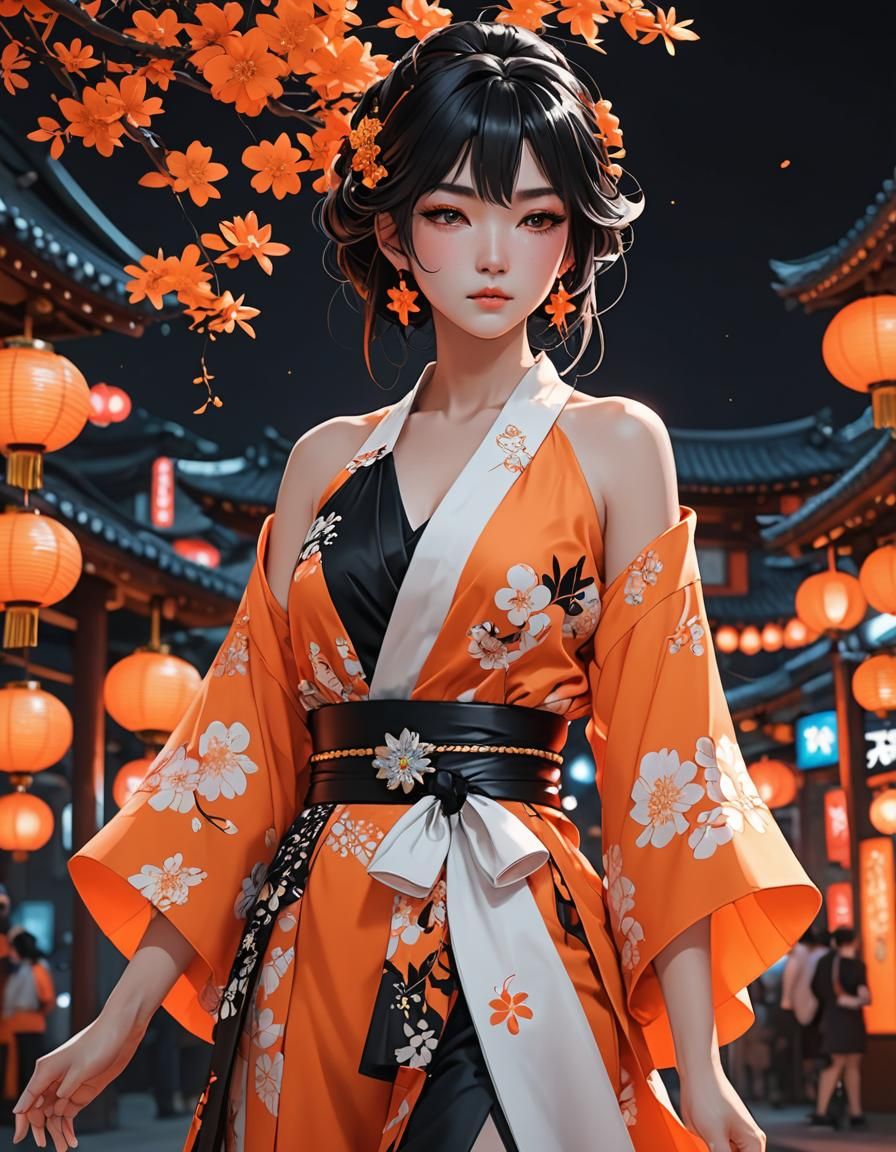 Neon Orange Kimono. The dress is a flowing ruffle dress with a gem-encrusted black halter style top, which is separated ...