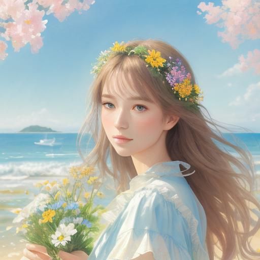 Woman Gazing at Sunny Beach in Watercolor Style