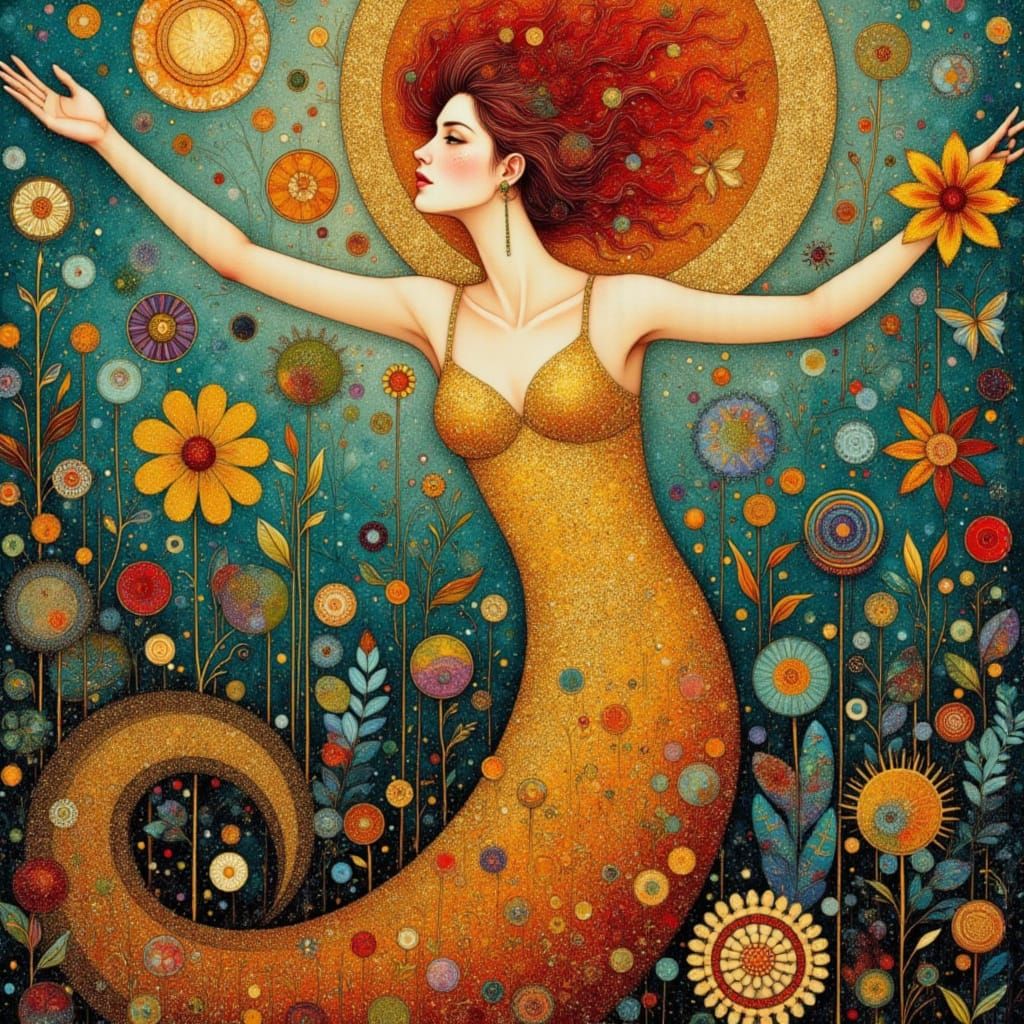 Ocean Goddess in Klimt Style with Gold, Teal, and Crimson