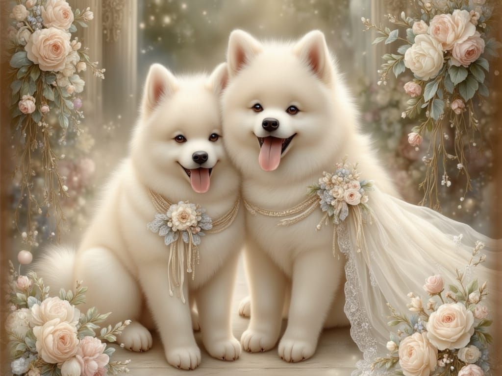 Samoyed Dog and Bride in Sun-Drenched Garden