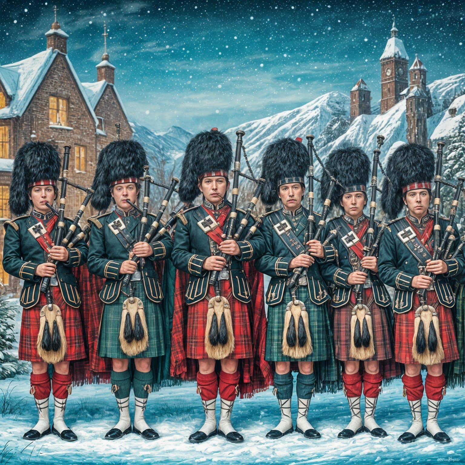 13 Pipers in Traditional Scottish Attire