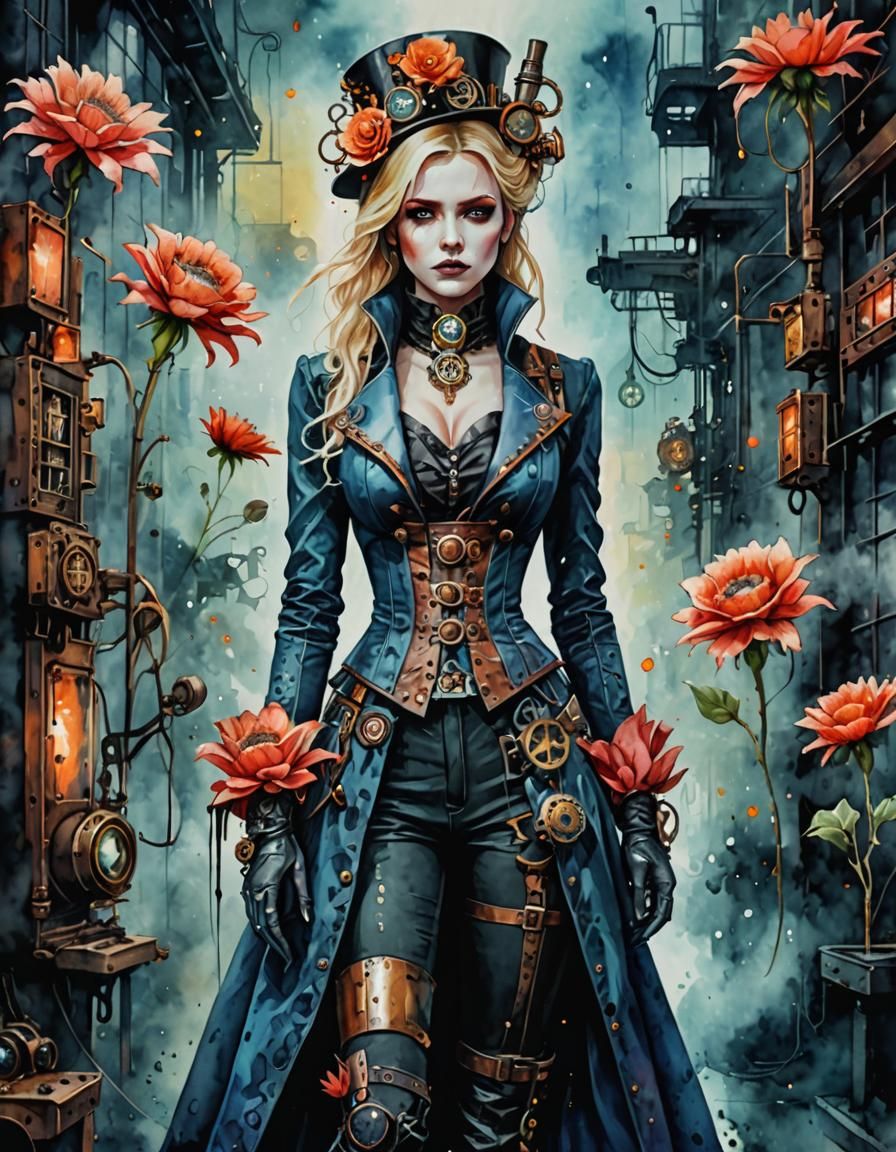 Hyperrealistic Blonde in Neon Steampunk Rain