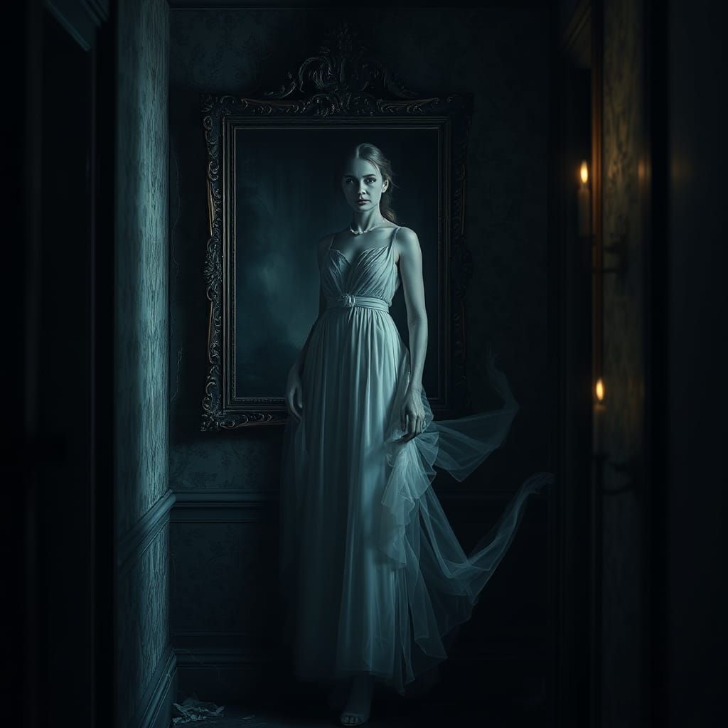 Ethereal Portrait in Haunted Mansion, Cinematic Lighting