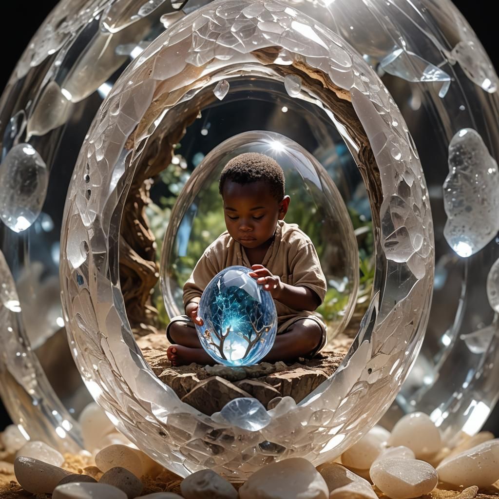 Magical World Inside Crystal Egg with Meditating Child