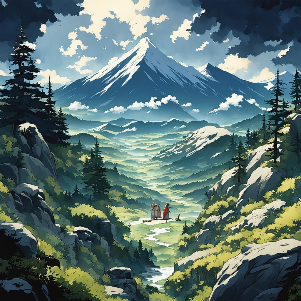 Anime Fox Girl Surveys Serene Mountain Landscape in Vibrant ...