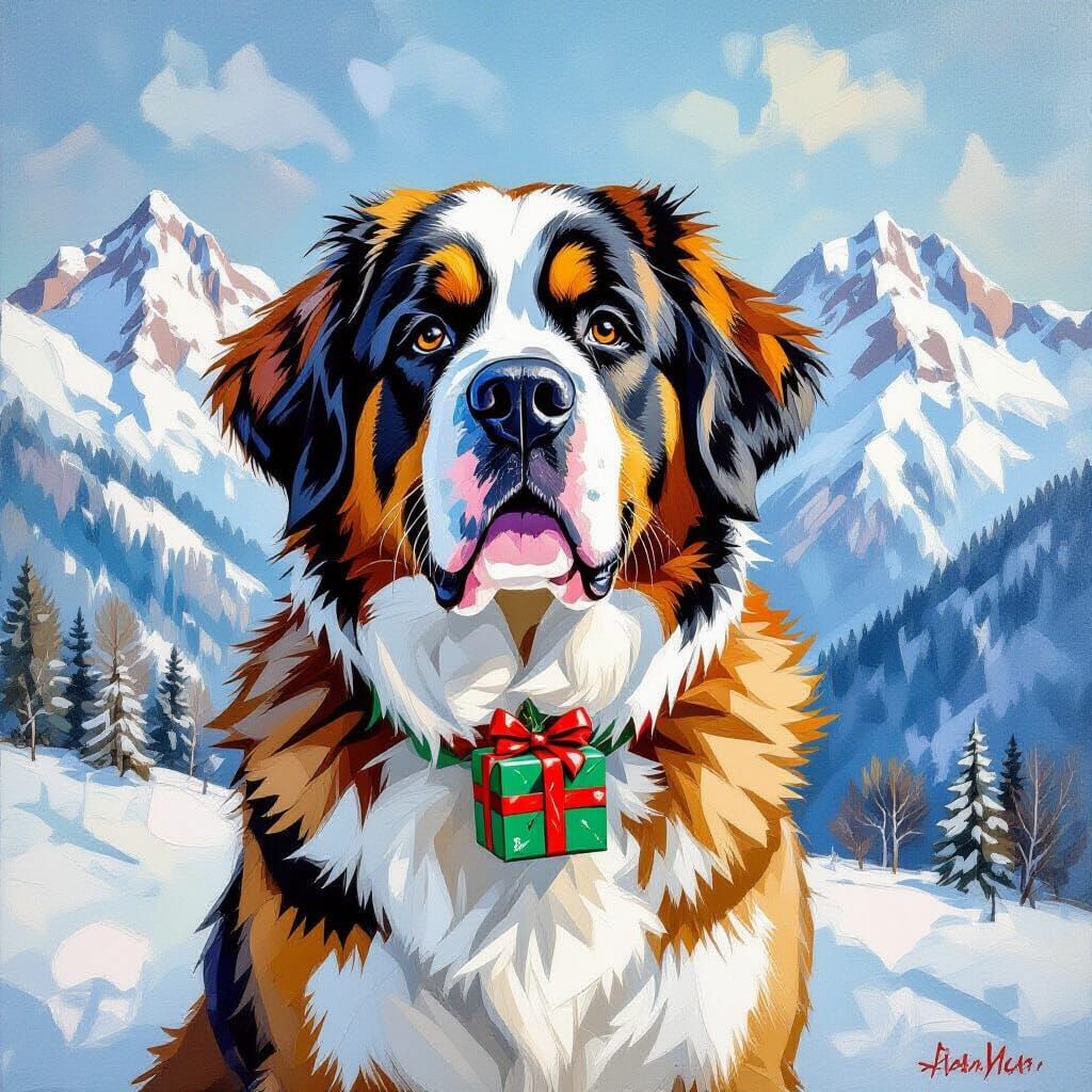 A St Bernard dog with a small Christmas present hanging from...