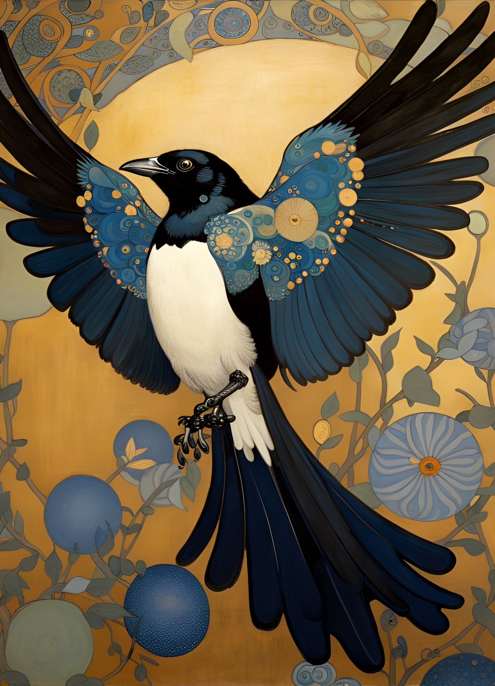 Art Nouveau Magpie in Flight