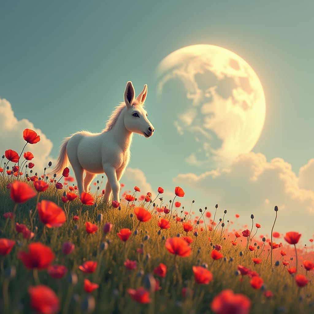 Enchanted Donkey with Poppies under Moonlight