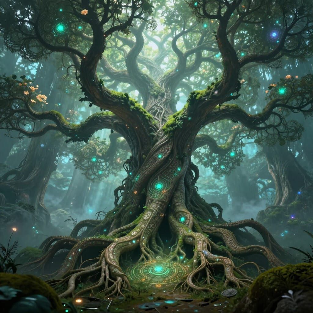 Colossal Tree of Wisdom with Fractal Roots and Glowing Symbo...