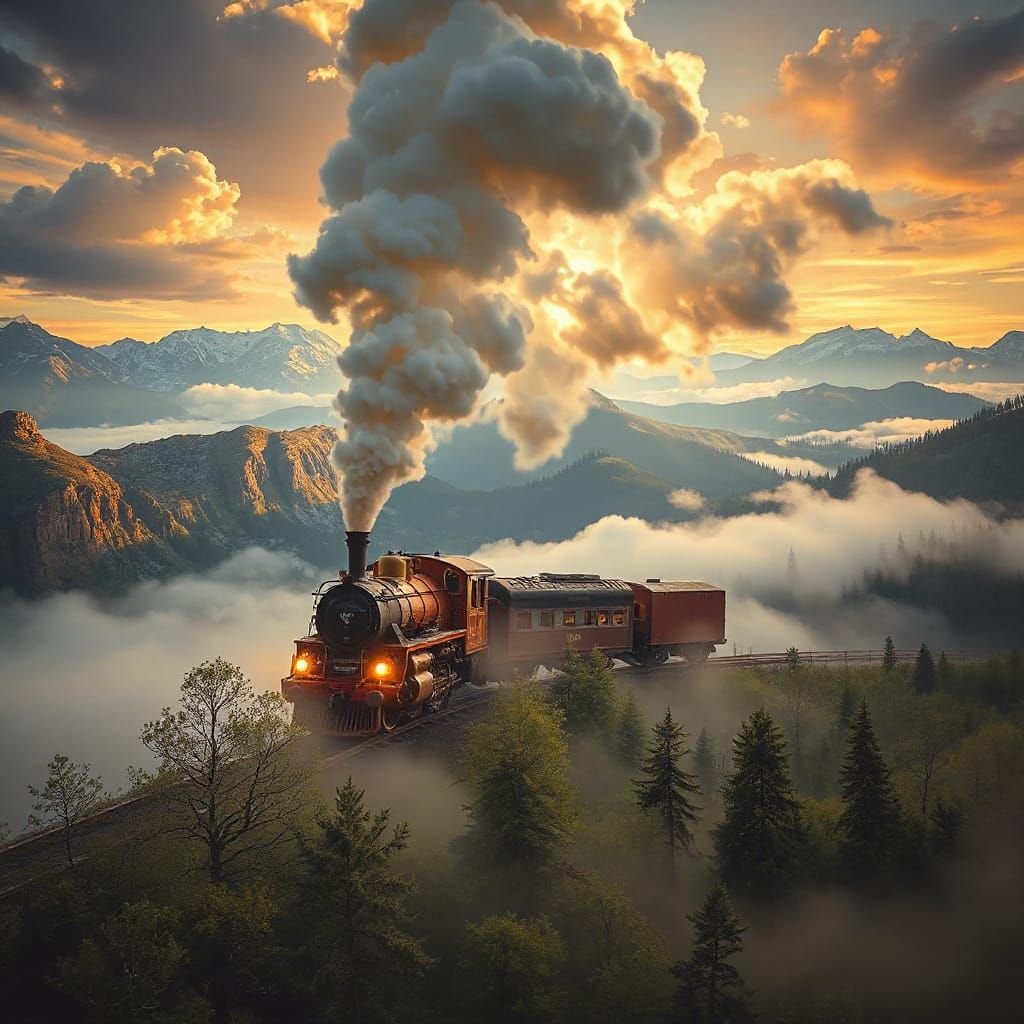 Ethereal Steam Train in Misty Fantasy Landscape