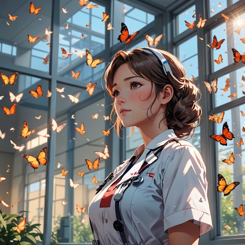 Anime Nurse and Butterflies in Cel-Shaded Style