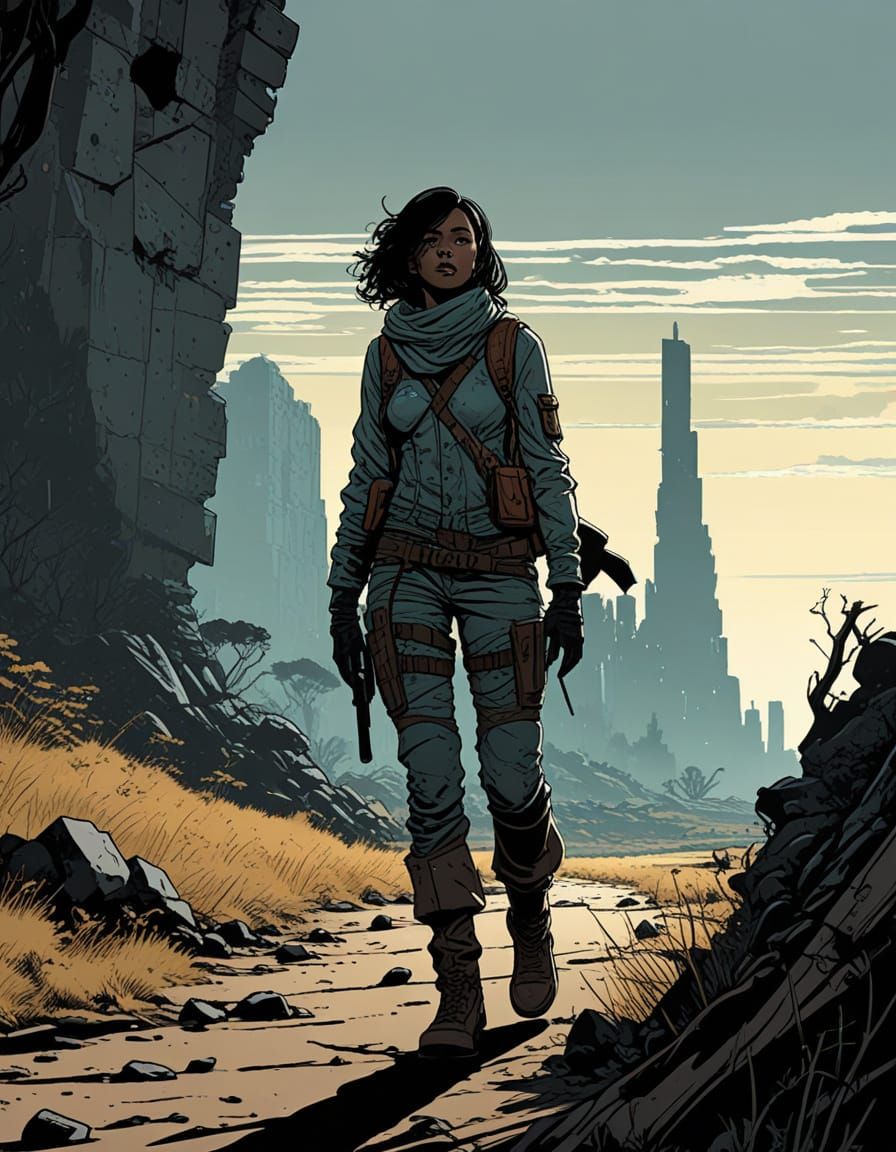 Post-Apocalyptic Cyborg Woman in Neo-Noir Fantasy