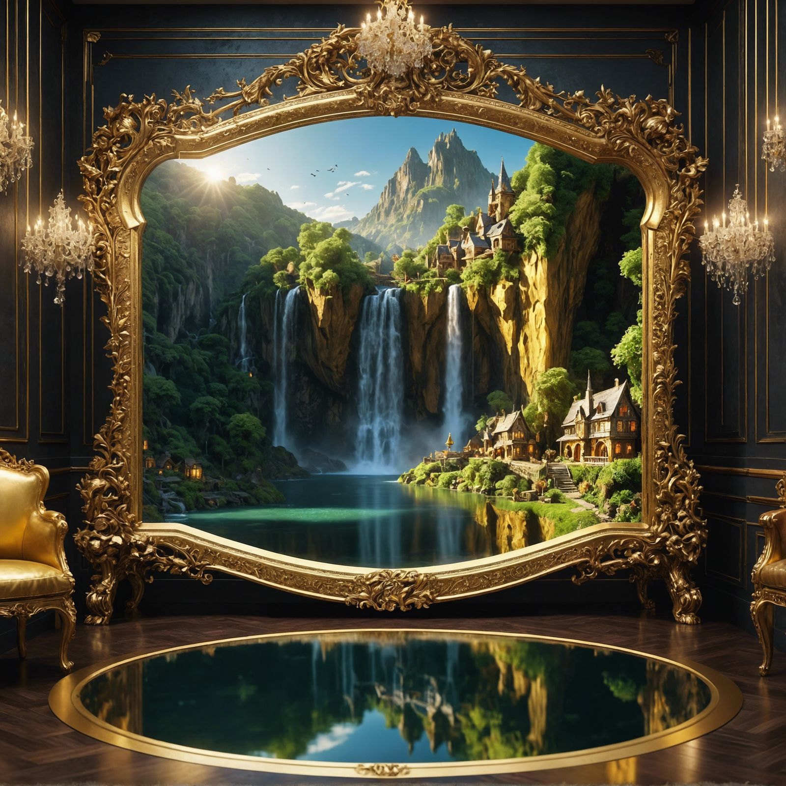 standing mirror showing little faeries village at waterfall