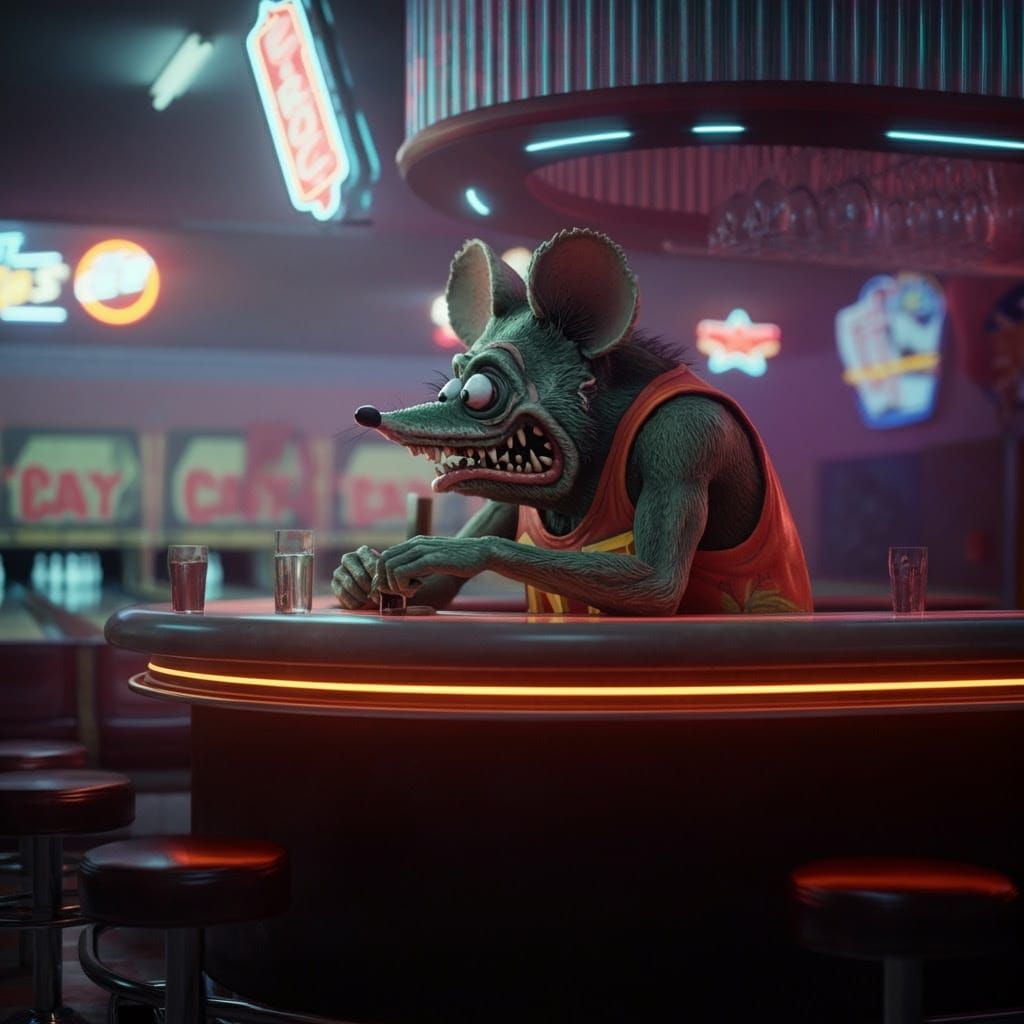 Rat Fink Bartender in Retro-Futuristic Bowling Alley