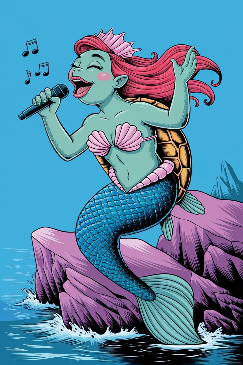 Sea Turtle Mermaid Singing on Rocky Bluffs
