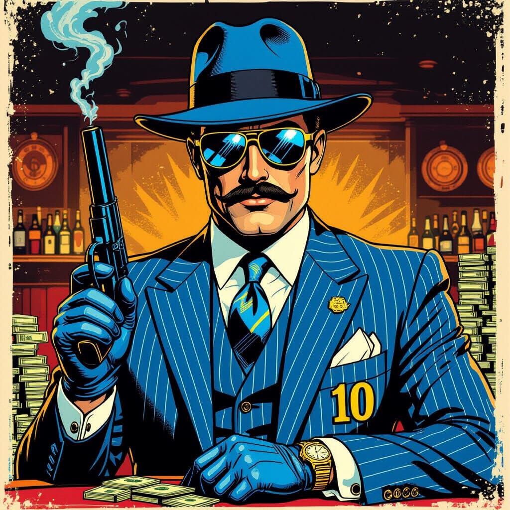 Dapper Man in Blue Suit, Comic Book Art Style