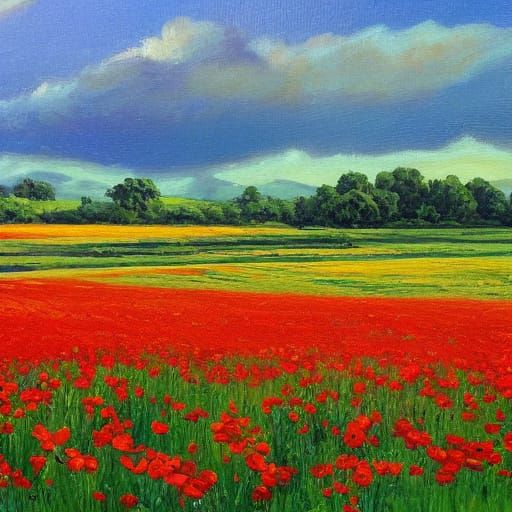 Vibrant Oil Painting of Poppies in Golden Hour Light