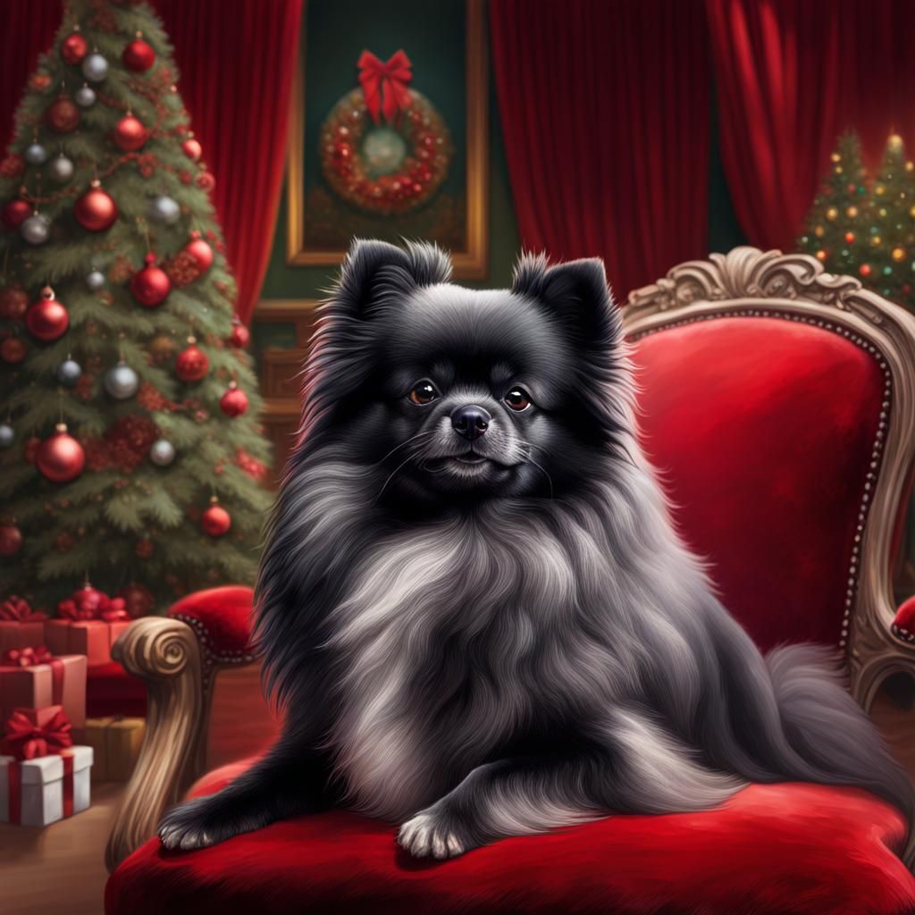 Hyperrealistic Black Pomeranian with Santa Splash Art
