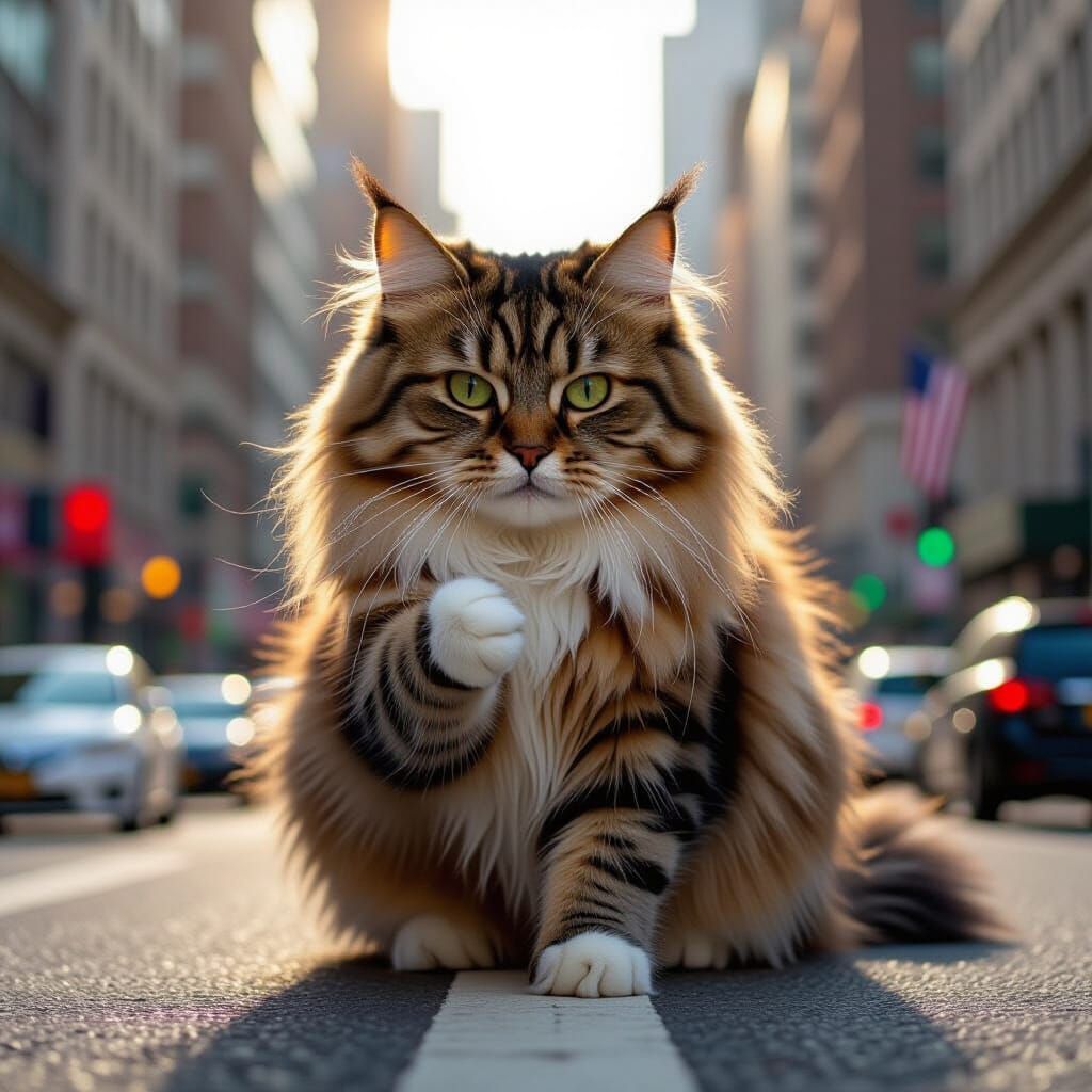 Giant Cat Cleans Paw in Surreal Cityscape