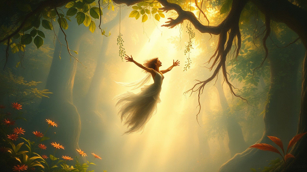 Floating Figure in Mystical Foliage Painting