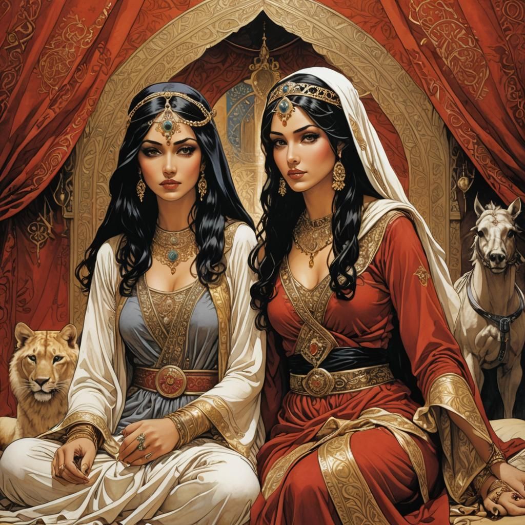 Arabian Princesses Ready for War, in Comic Style