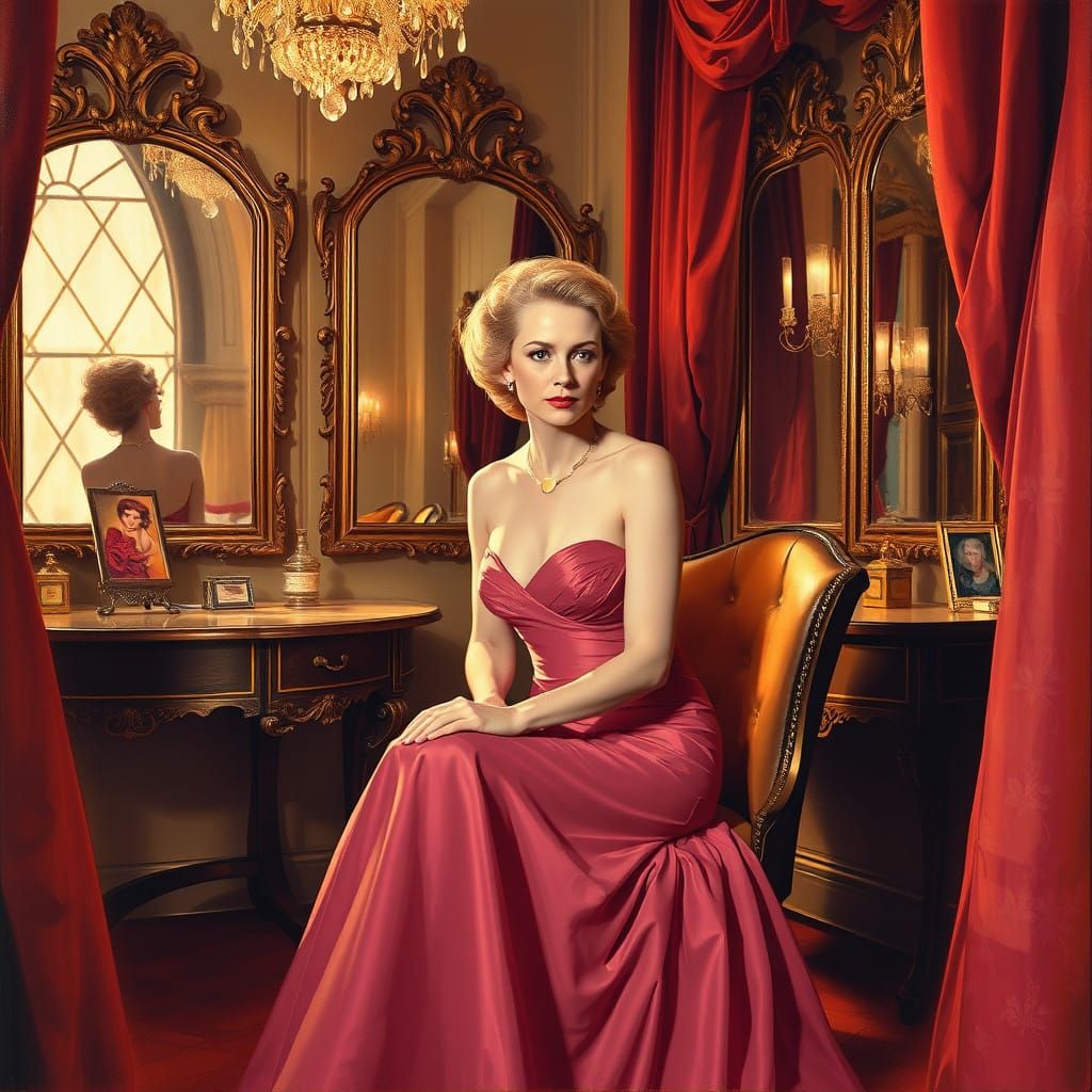 Elegant Actress in Luxurious Old Hollywood Dressing Room