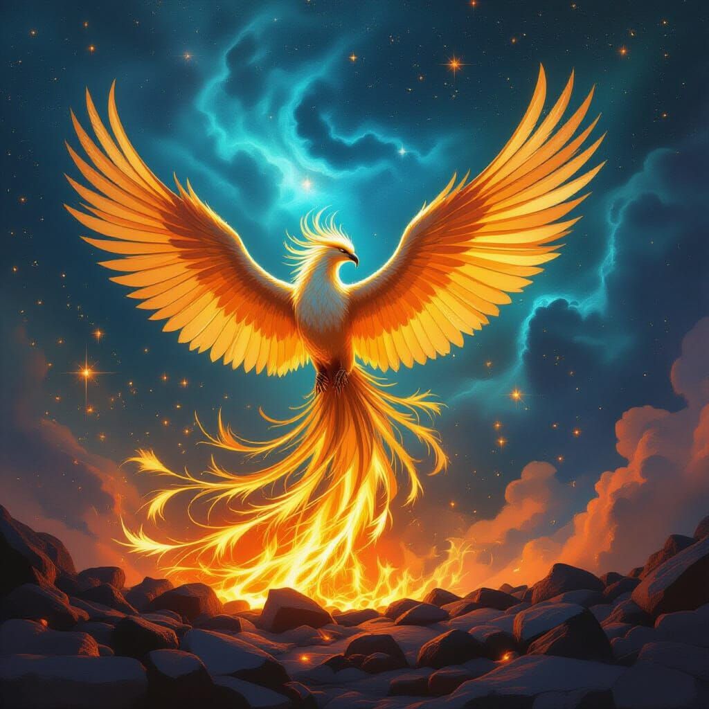 Majestic Phoenix Rises from Embers in Cosmic Nebula