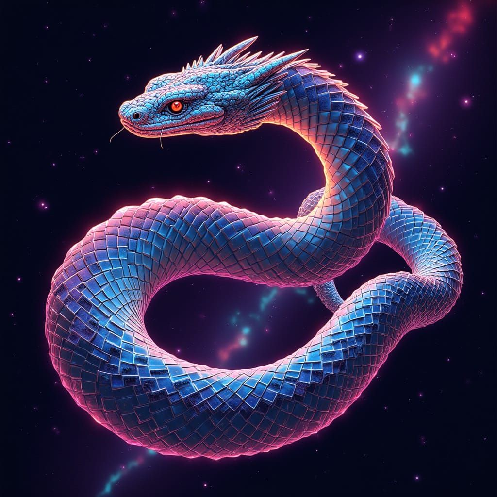 Cosmic Serpent with Iridescent Scales in Space