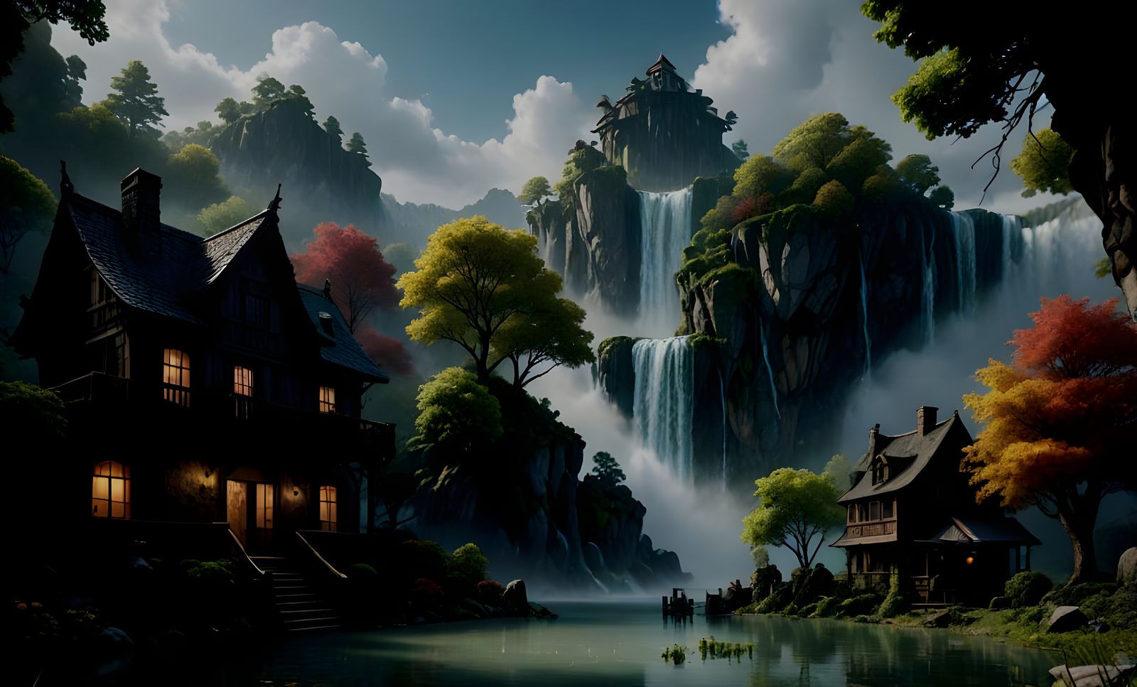 Enchanted Waterfall Village in Vibrant Fantasy Style