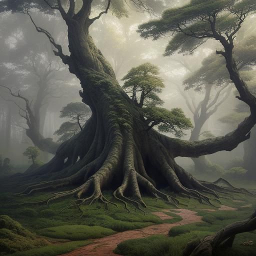 Majestic Ancient Tree Inspired by Shishkin, Miyazaki, and Be...