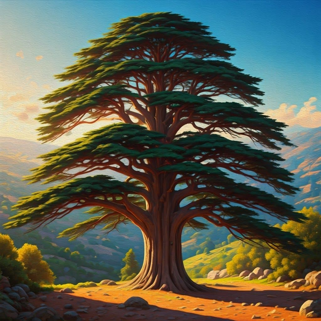 Majestic Cedar Tree in Classical Landscape