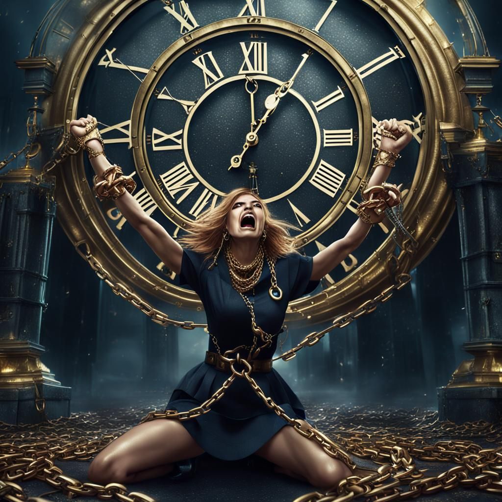 Girl Chained to Clock Escaping: Dramatic Digital Painting