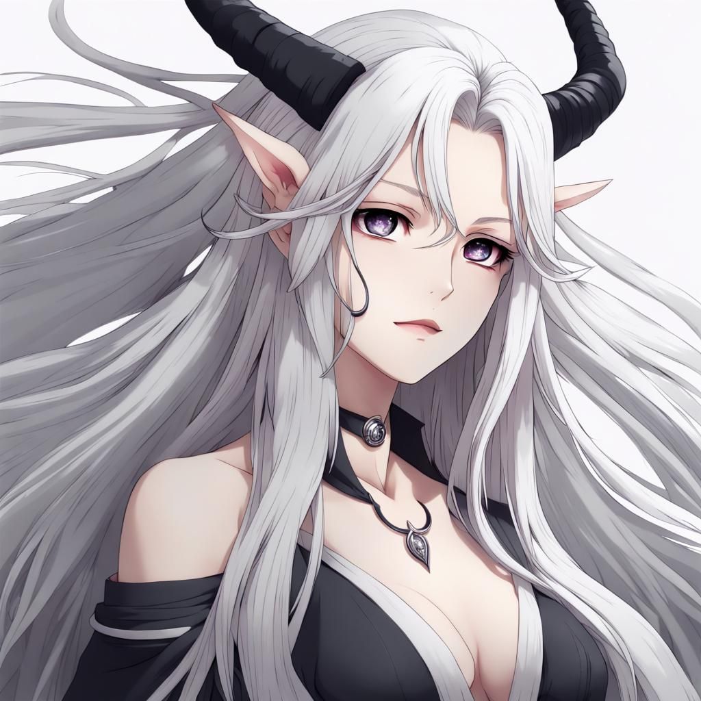 Anime Elf with White Hair and Black Horns