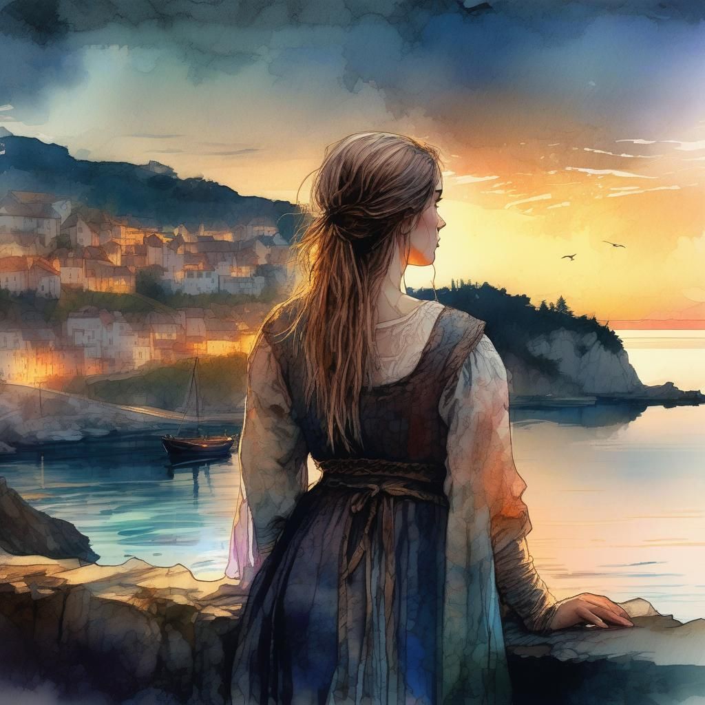 Medieval Peasant Woman at Sunset: Digital Watercolor Art