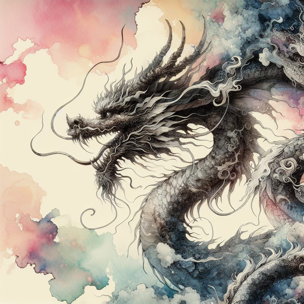 Surreal Dragon in Watercolor, Dark Fantasy Art