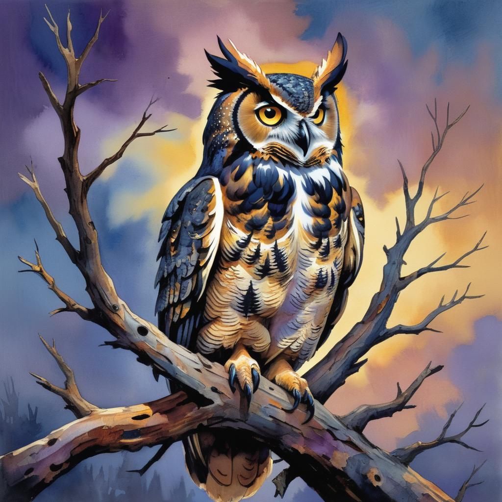 Horned Owl Gouache Watercolor Masterpiece