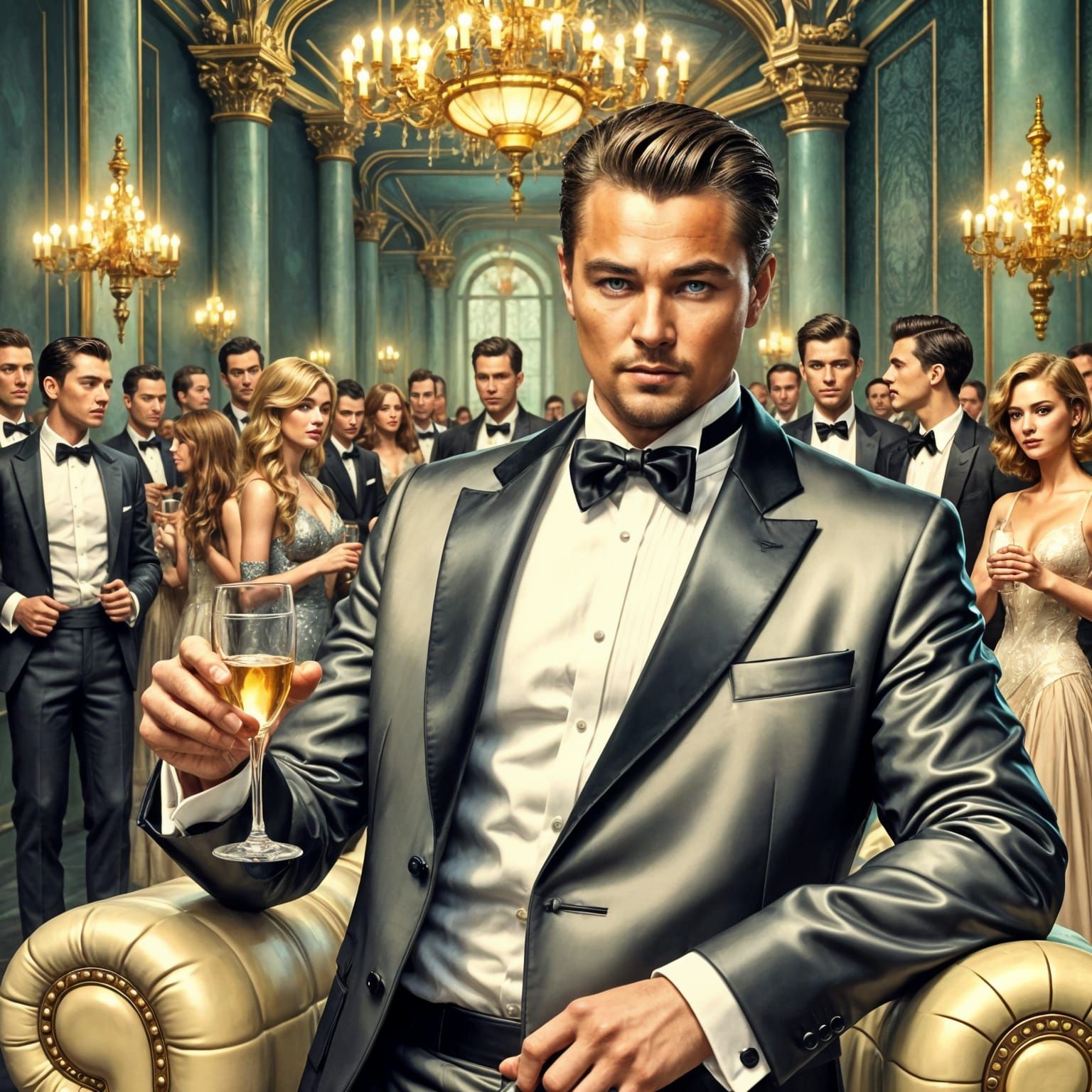 Gatsby-esque Deco Man with Champagne in Alcohol Ink Style