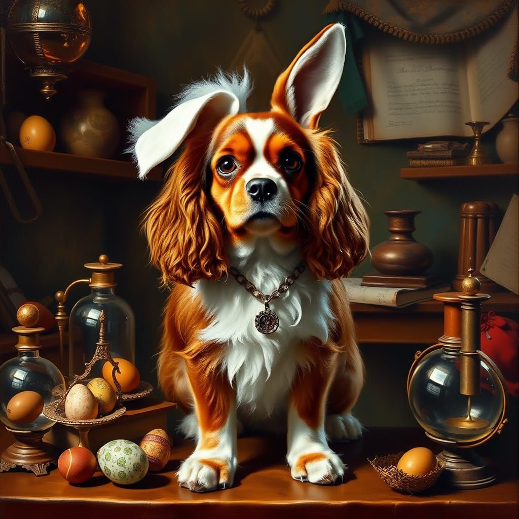 Renaissance Easter Bunny Cavalier King Charles Spaniel in La...