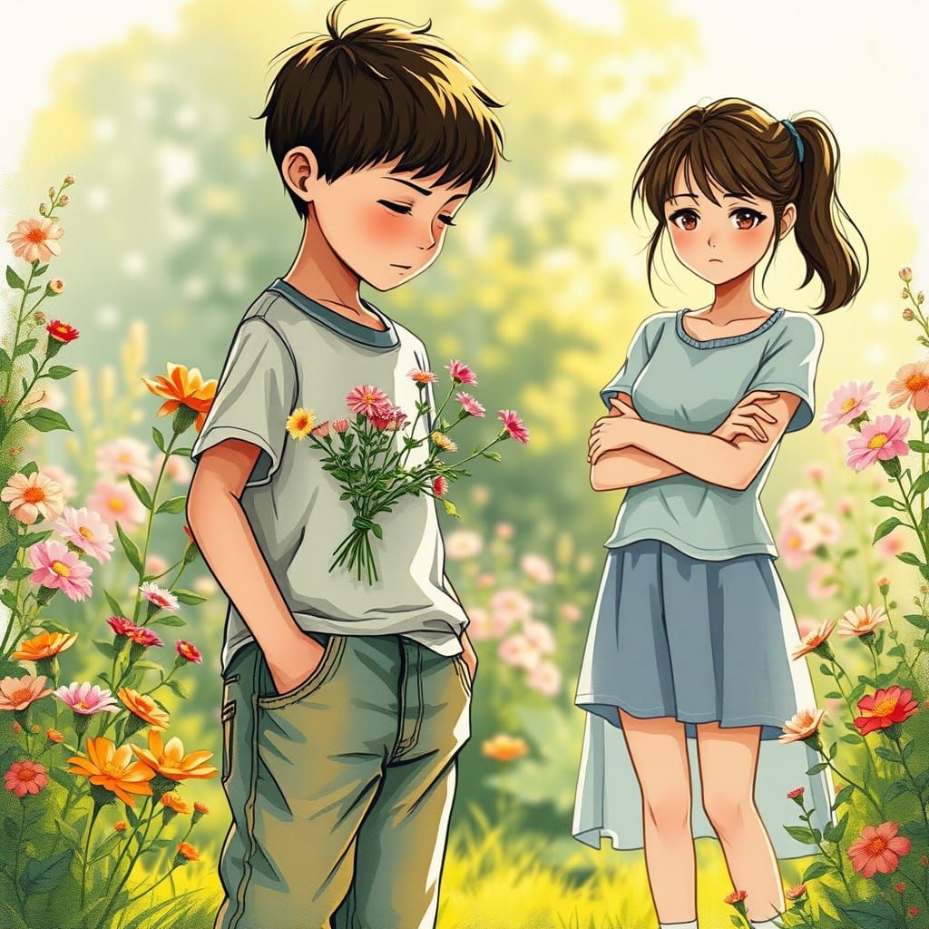Boy's Hopeful yet Rejected Gift in a Whimsical Garden Scene