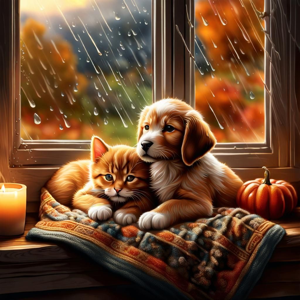 Cozy Rainy Day Scene with Sleeping Puppy and Kitten
