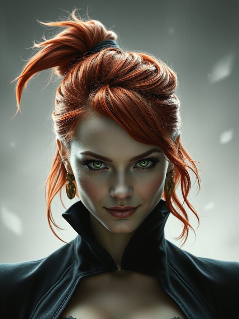 Captivating Witch Portrait with Red Hair and Green Eyes