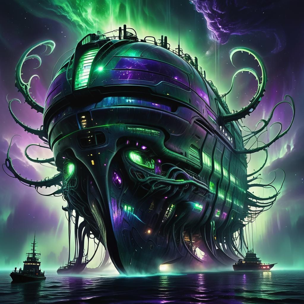 Biomechanical Ship Concept Art in Bioluminescent Nebula