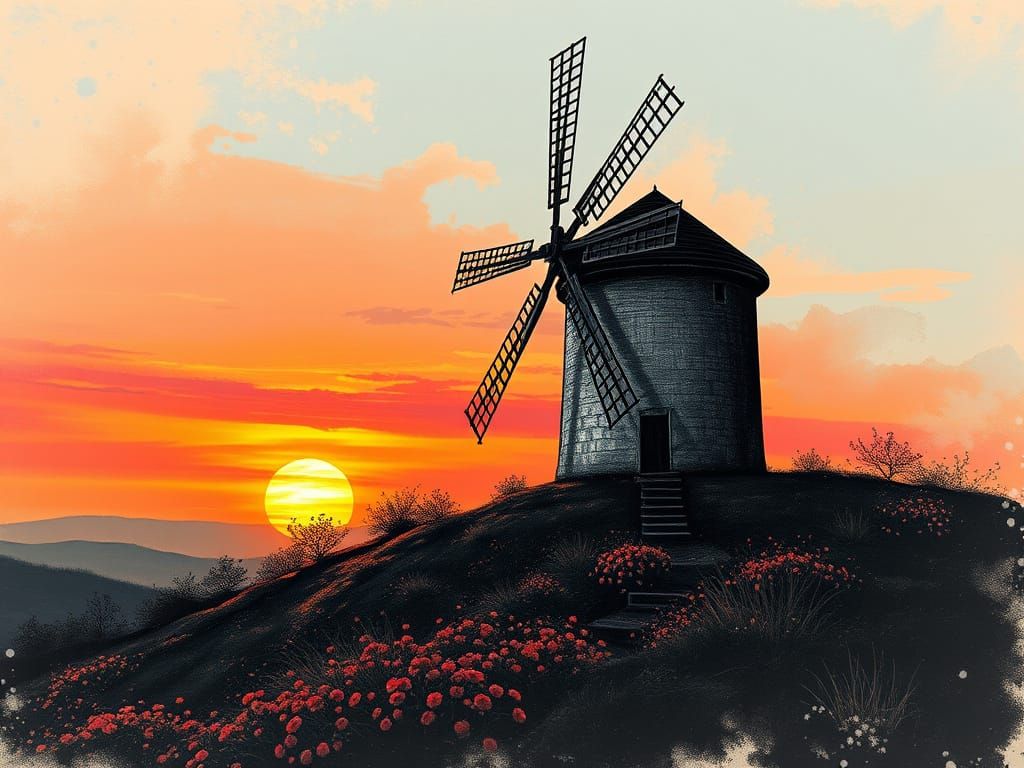 Windmill on Hill at Sunset in Charcoal Illustration