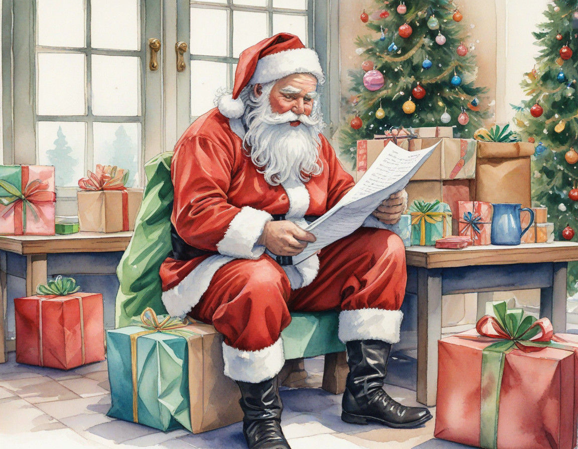 Santa Surveys His List in Delightful Pastel Watercolor