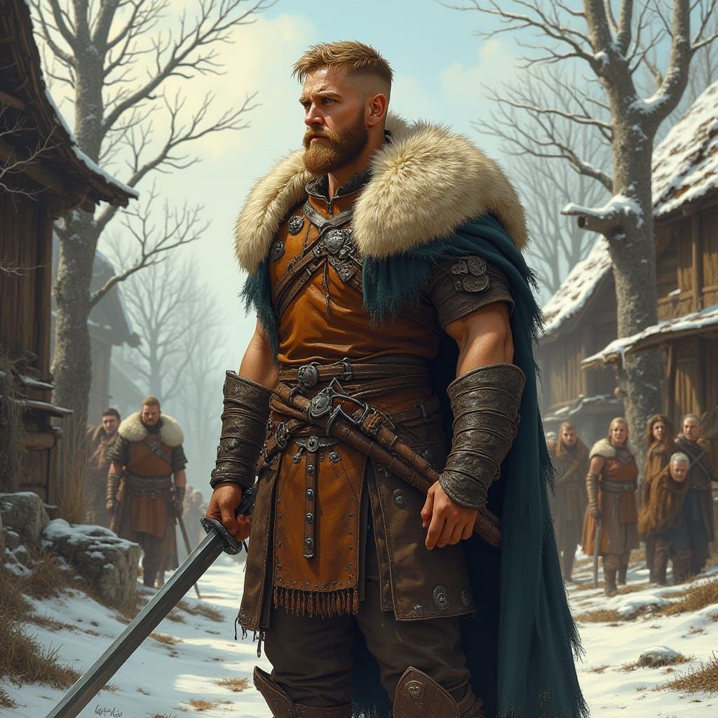 Viking Warrior in Nordic Village, Art Style