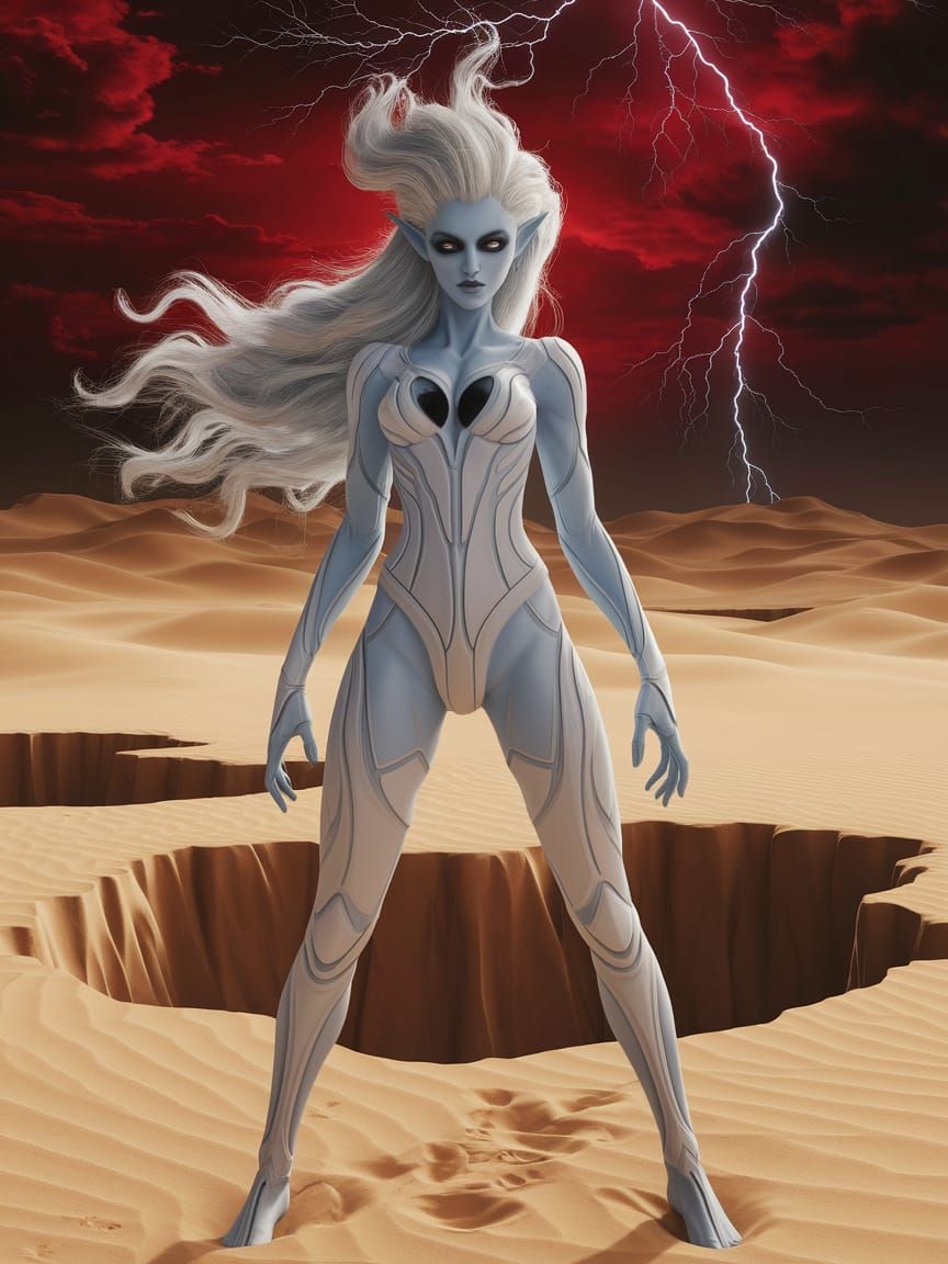 Elven Demoness in Desert Arena with Red Sky
