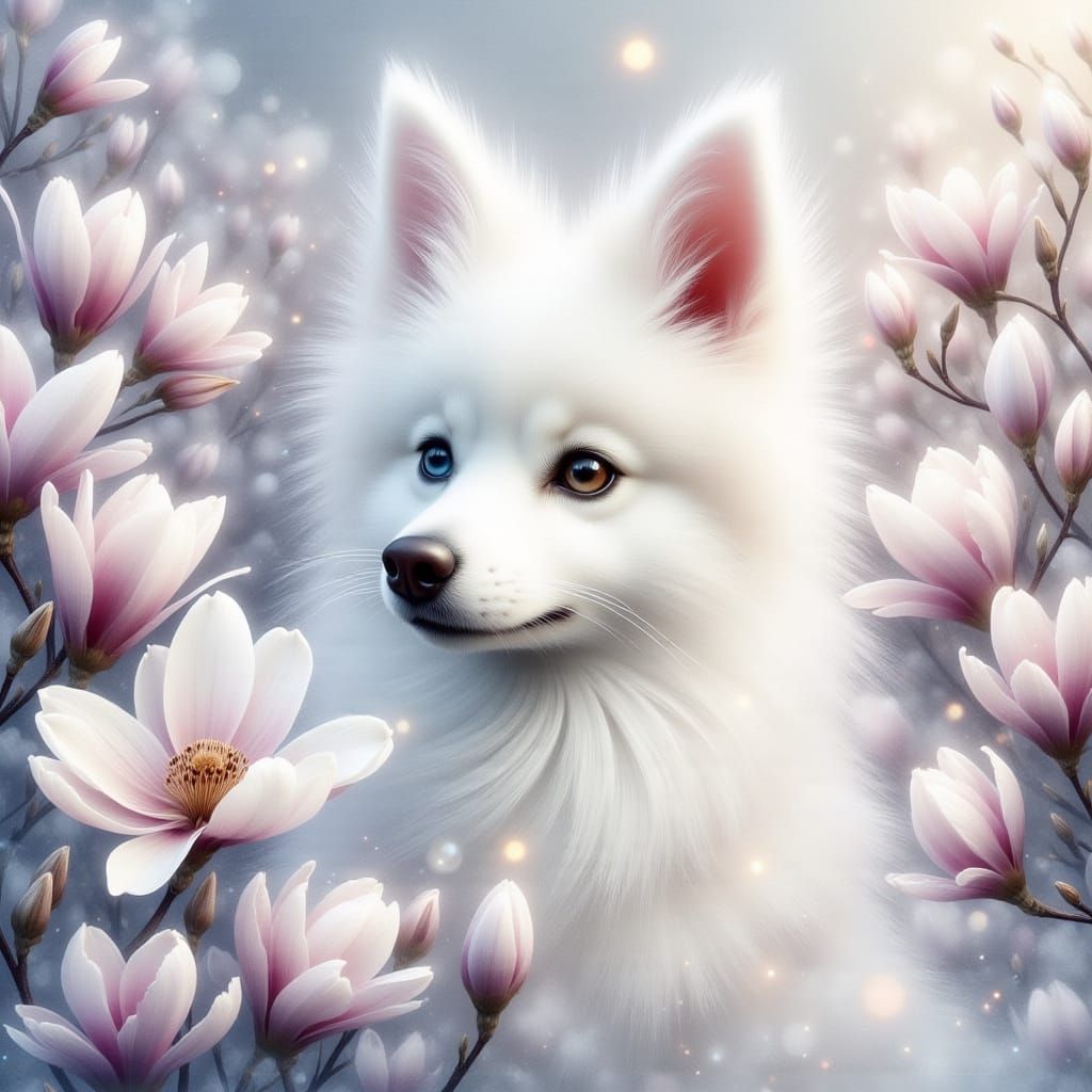 Dreamy Enchanted Scene with White Japanese Spitz and Magnoli...