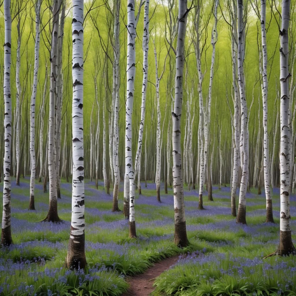 Sunlit Silver Birch Forest with Bluebells