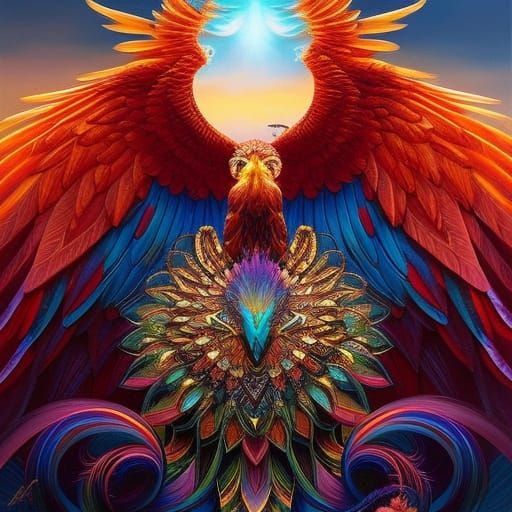 Glowing Phoenix Portrait in Steampunk Synth Wave Style